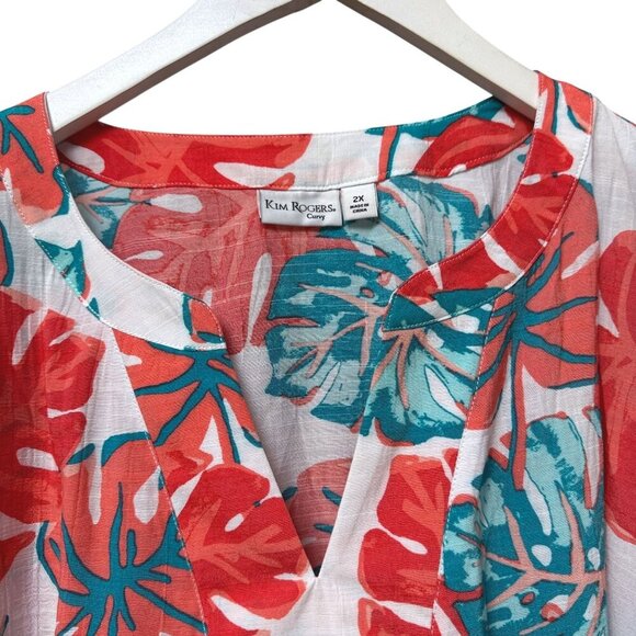 Kim Rogers Top Plus Size 2X Tropical Leaf Coral Turquoise Short Sleeve Tunic - Picture 2 of 9